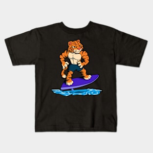 Tiger surfer on hydrofoil surfboard Kids T-Shirt